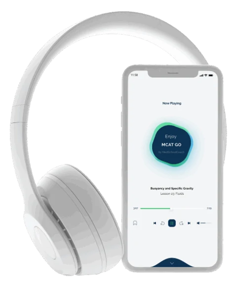 Official MCAT Go product mockup showing the audio lesson player on a phone with headphones