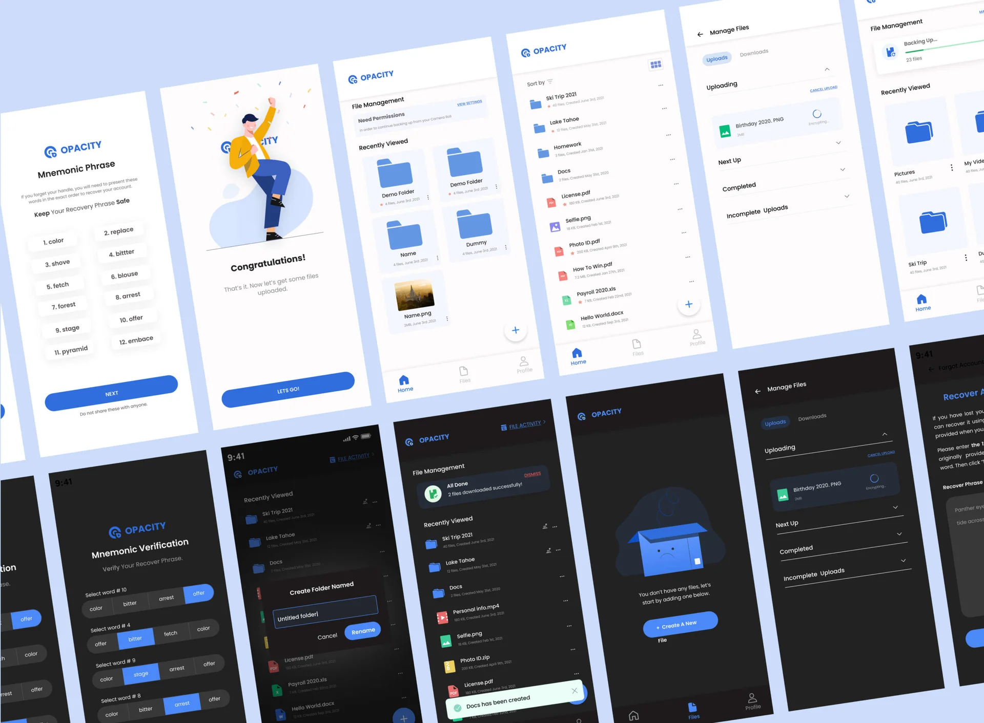 Opacity’s file-management app in light and dark modes