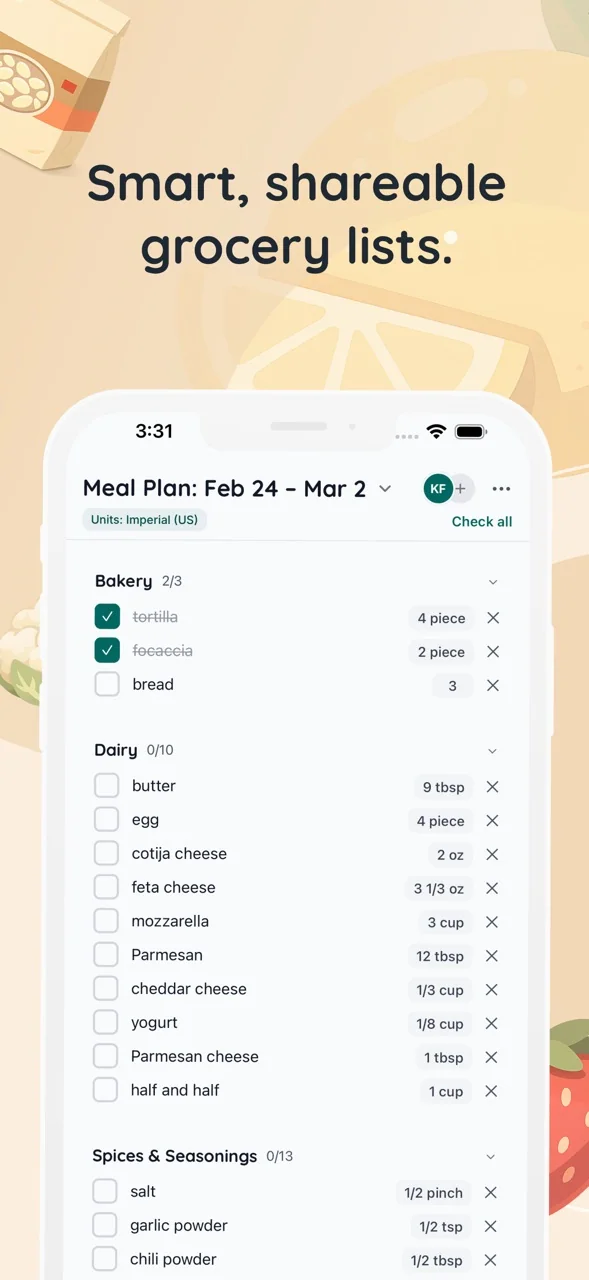 Kitcha shared grocery list organized by category