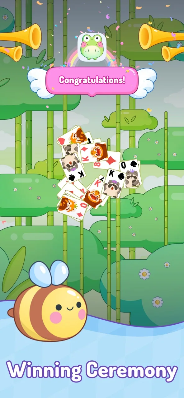 Cozy Calm Solitaire winning celebration with cards and cheerful characters