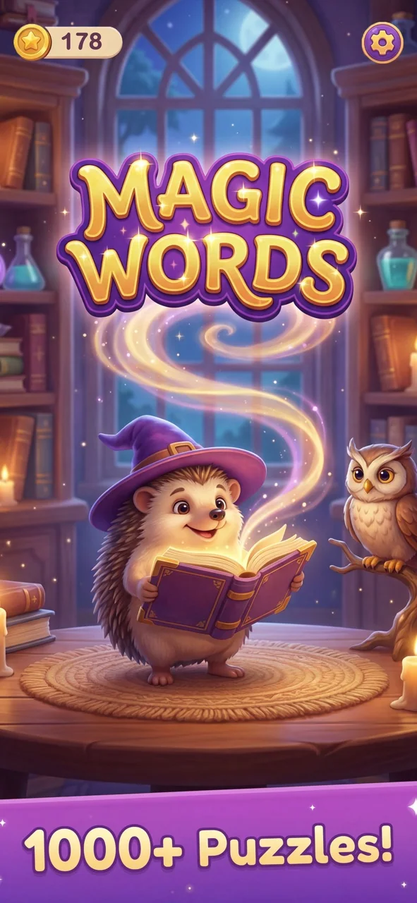 Magic Words artwork with a hedgehog reading in a magical library