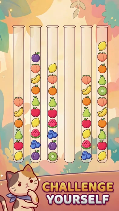 Cozy Sort puzzle with colorful fruit to sort into matching tubes