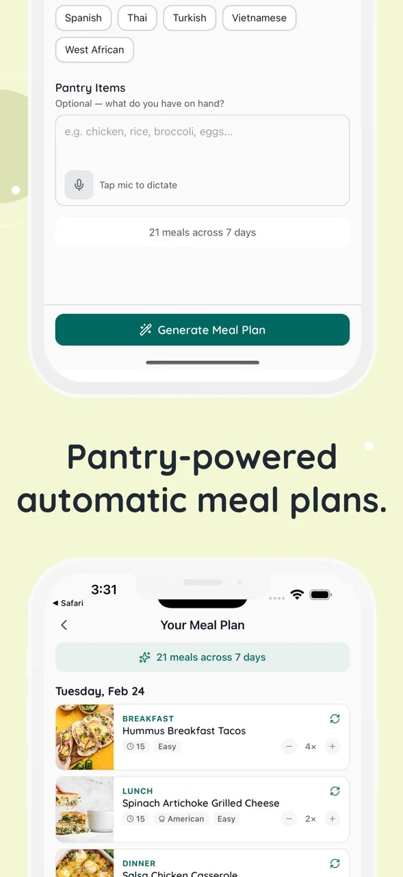 Kitcha meal planner with pantry preferences and a weekly meal plan